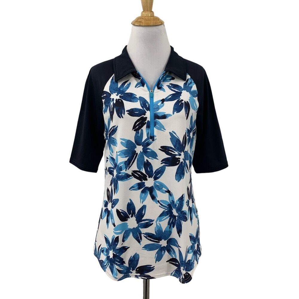 Jofit Shirt Womens S Small White Navy Floral Raglan Elbow Sleeve Golf Polo Top